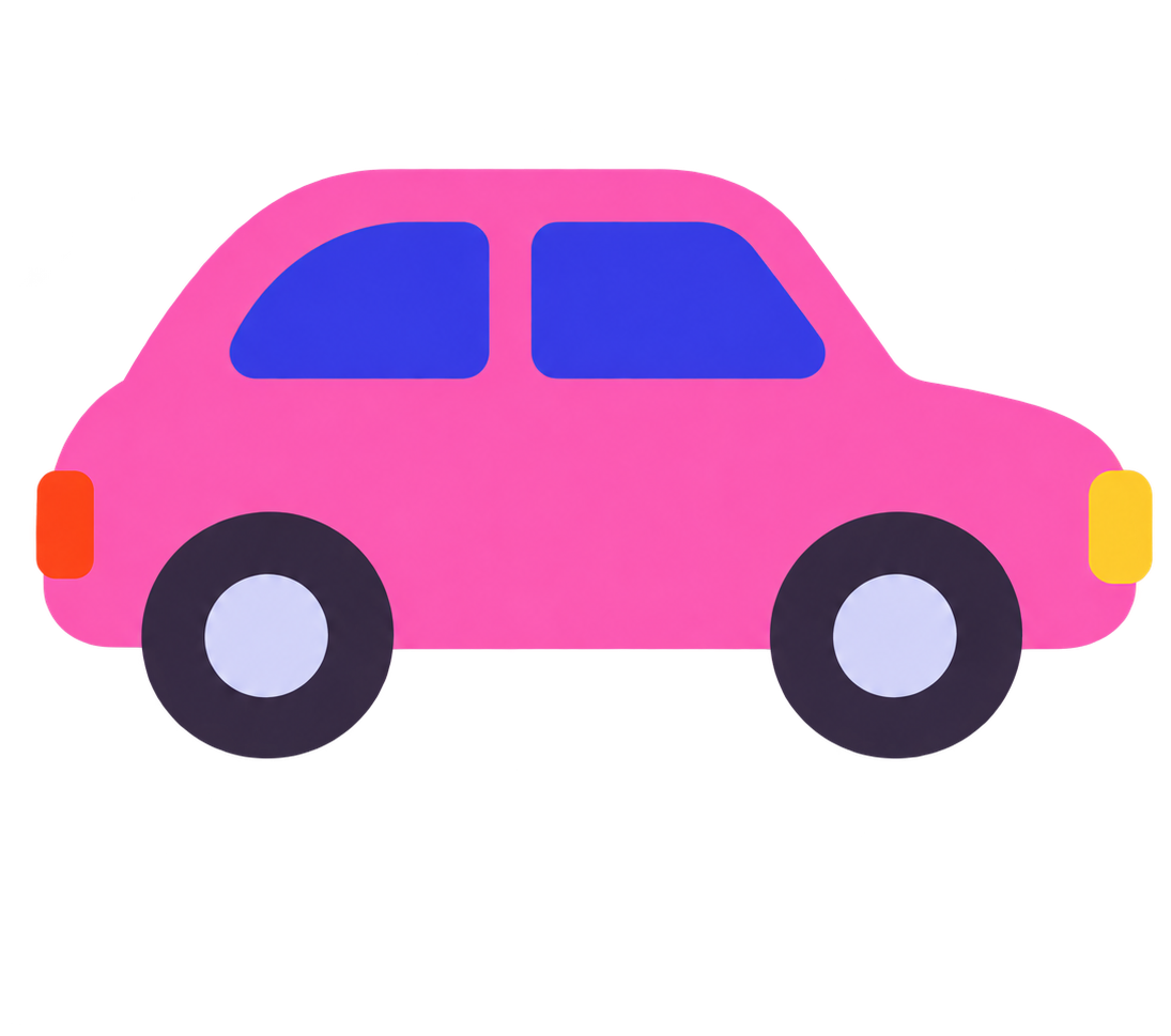 Petite voiture rose À+ avançant vers la droite